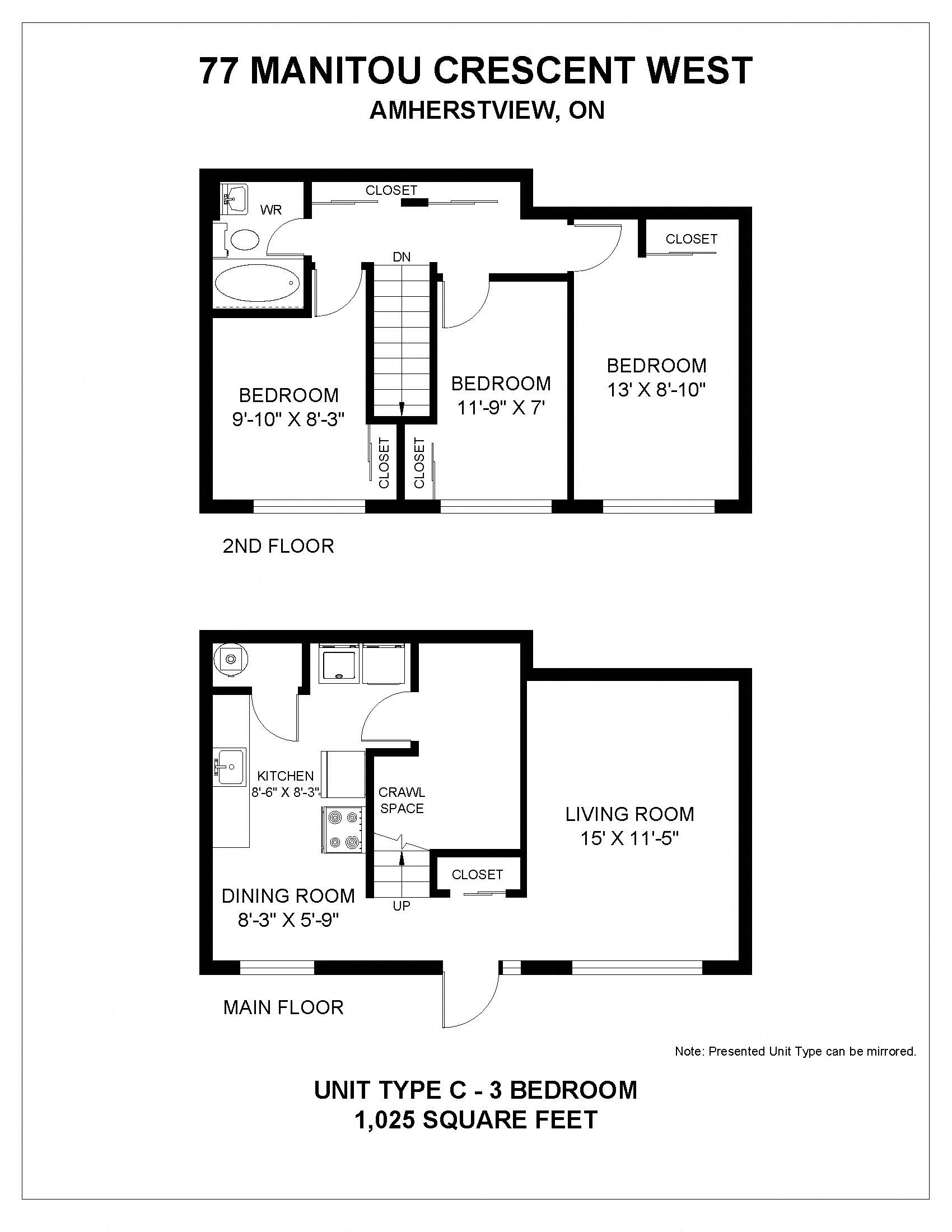 Floor plan for 3 beds, 1 bath, 1025 sqft